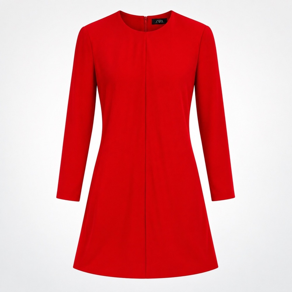 Zara Red Long Sleeve Pleated Front‎ Mini Dress Round Neck 2249/782 Small NWT